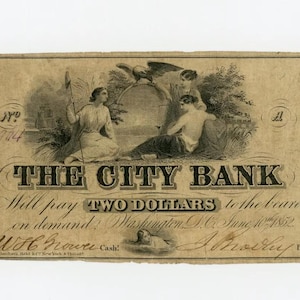 1850s Two Dollar Washington DC Bank Note Antique Currency