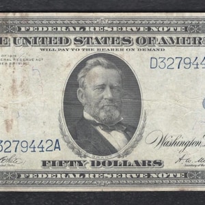 1914 US 50 Dollar Federal Reserve Note Vintage Money Currency w/ US Grant