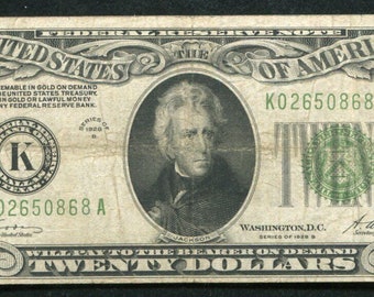 1928 Amerikaanse 20 dollar Federal Reserve bankbiljetgeld met Andrew Jackson