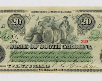 1873 20 Dollar South Carolina Note Money Currency