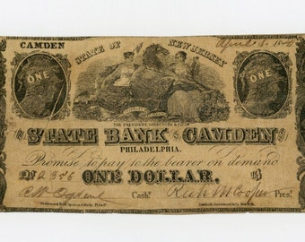 1840 One Dollar New Jersey Bank Note Money Currency