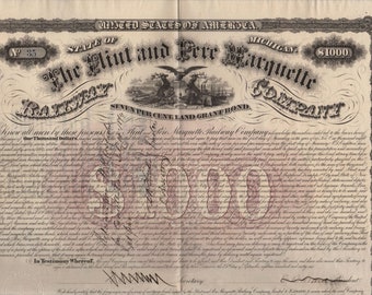 Post Civil War Reconstruction Era Michigan Railway Company Bond with 25 Coupons