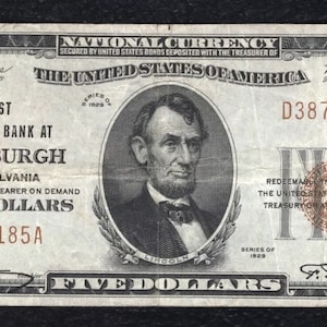 1929 Five Dollar Pittsburgh Pennsylvania National Bank Currency Note Money w/ Abraham Lincoln