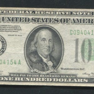 1934 US 100 Dollar Federal Reserve Note Vintage Currency Money w/ Benjamin Franklin