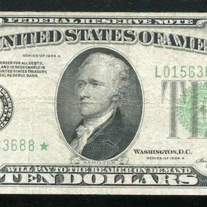 1934 US 10 Dollar Federal Reserve Note Vintage Currency w/ Alexander Hamilton