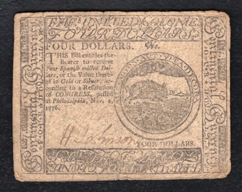 US Revolutionary War 1776 4 Dollar Continental Currency Note Money