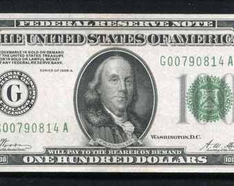 1928 U.S. 100 Dollar Federal Reserve Note Money Vintage Currency w/ Benjamin Franklin