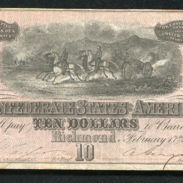 1864 Civil War CSA Confederate 10 Bill Note Antique Money