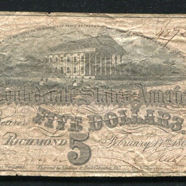 1864 Civil War CSA Confederate States of America 5 Bill Note Antique Currency Money