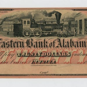 Civil War Era 1850s-60s 20 Dollar Alabama Bank Note Currency Antique Money