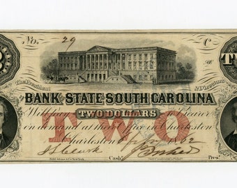 Burgeroorlog tijdperk 2 dollar South Carolina bankbiljet geldvaluta