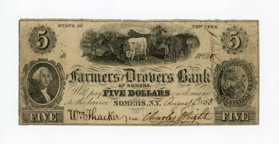 1850s Five Dollar New York Bank Note Money Antique Currency