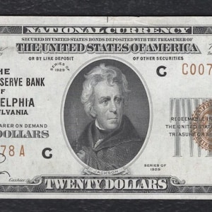 Billete de 20 dólares de EE. UU. de 1929, moneda nacional, dinero de Andrew Jackson imagen 1