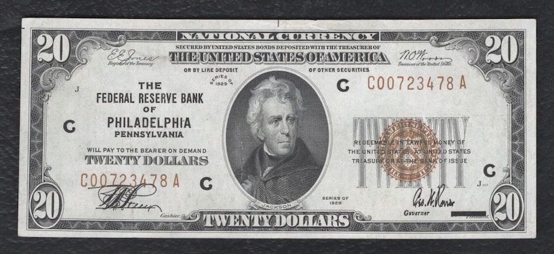Billete de 20 dólares de EE. UU. de 1929, moneda nacional, dinero de Andrew Jackson imagen 1