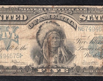 1899 Amerikaanse vijf dollar Native American Chief Silver Certificate Money Note-valuta