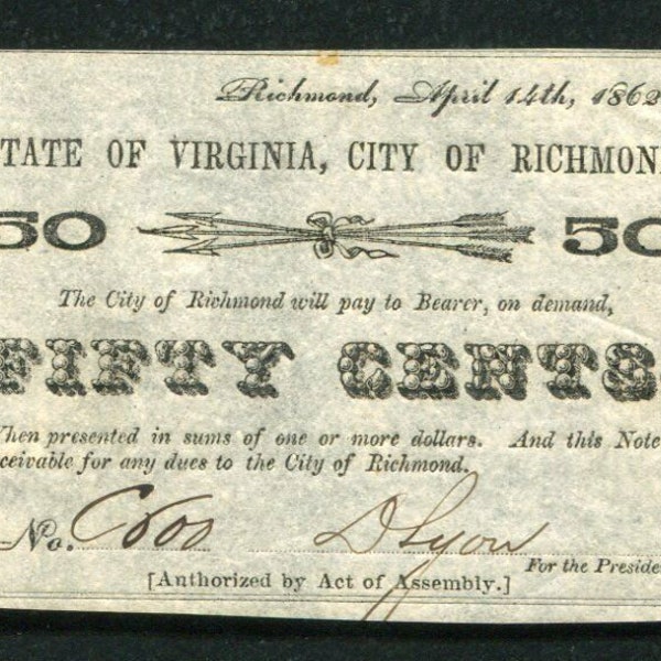 US Civil War 50 Cent Virginia Note Money Currency