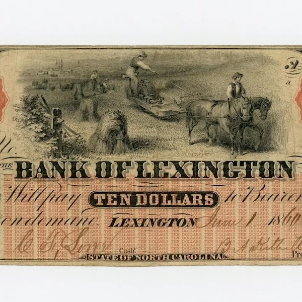 Civil War Era 10 Dollar North Carolina Bank Note Antique Money Currency