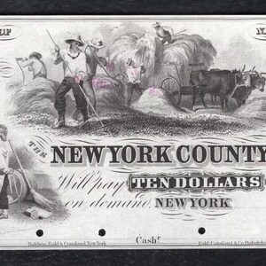 1800s 10 Dollar New York Bank Note Money Antique Currency