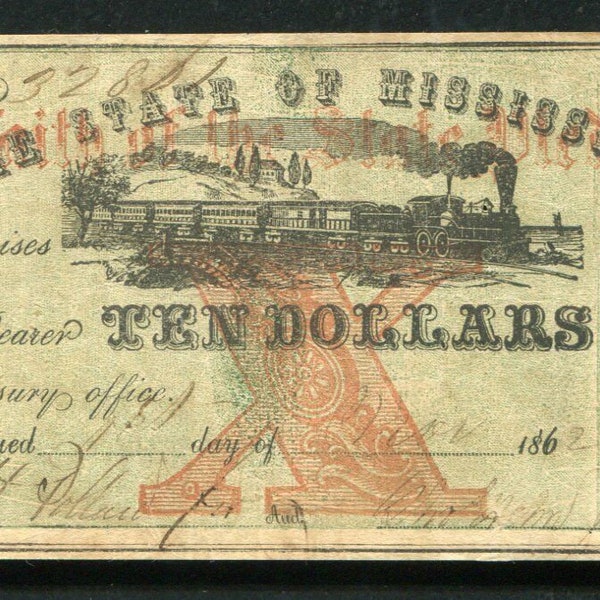 Civil War Era 10 Dollar Mississippi Treasury Warrant Note Money Currency