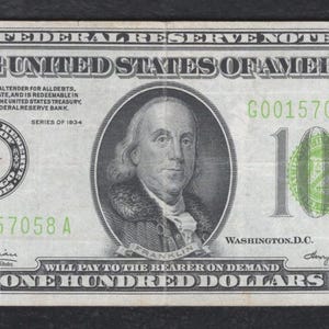 1934 US 100 Dollar Federal Reserve Note Vintage Currency Money w/ Benjamin Franklin