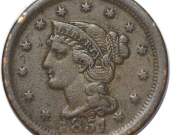 1851 Grote koperen munt van één cent met gevlochten haar