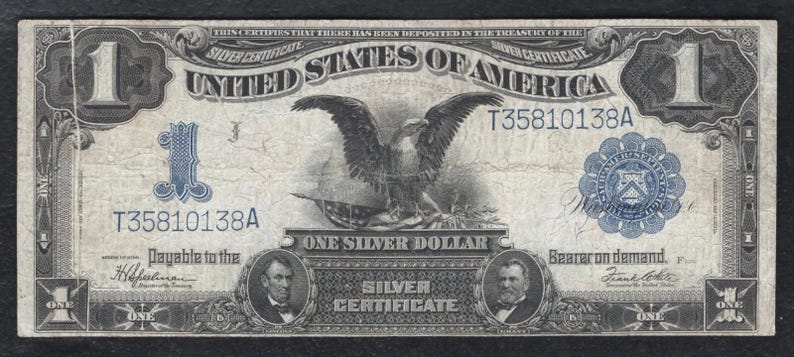 1899 US One Dollar Bill Silver Certificate Antique Money Note Currency image 1