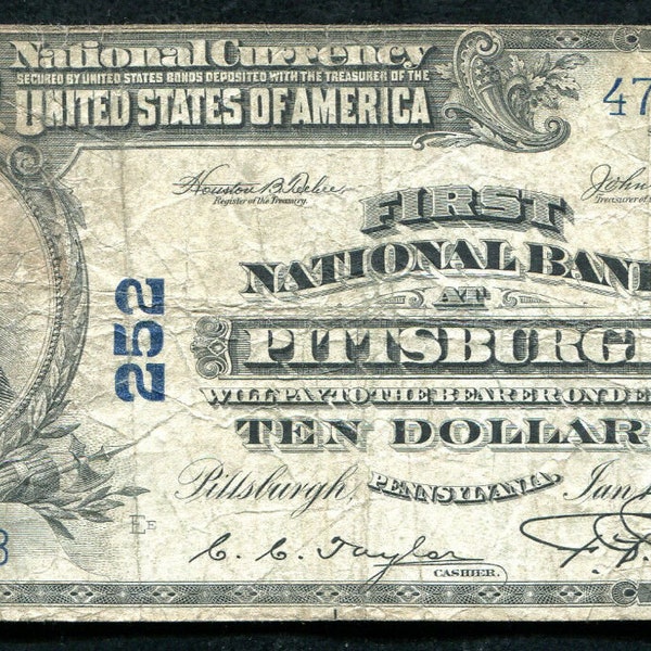 1902 Ten Dollar Pittsburgh Pennsylvania National Bank Note Money Currency