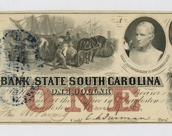 Civil War Era 1 Dollar South Carolina Bank Note Currency Money
