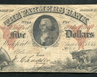 Antieke jaren 1850 5 Dollar Rhode Island Bank Note Valuta