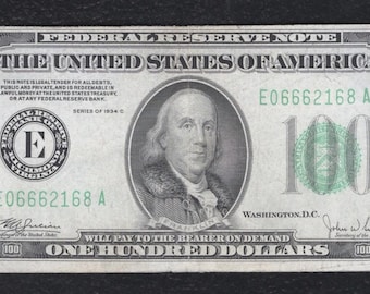 1934 US 100 Dollar Federal Reserve Note Vintage Currency Money W