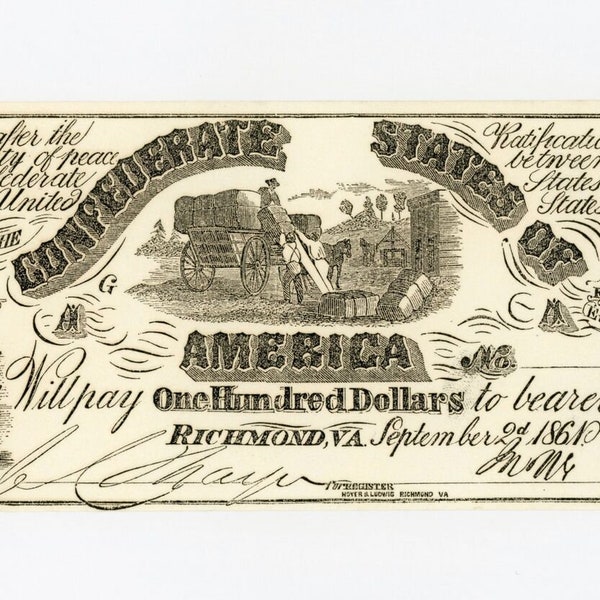 Civil War Confederate CSA 100 Dollar Note Money Currency