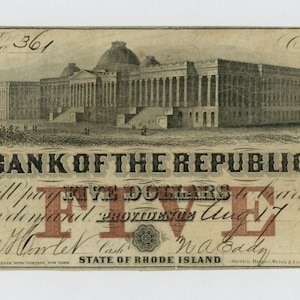 1855 Five Dollar Rhode Island Bank Note Currency