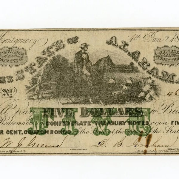 Civil War Era 1864 5 Dollar Alabama Note Antique Currency