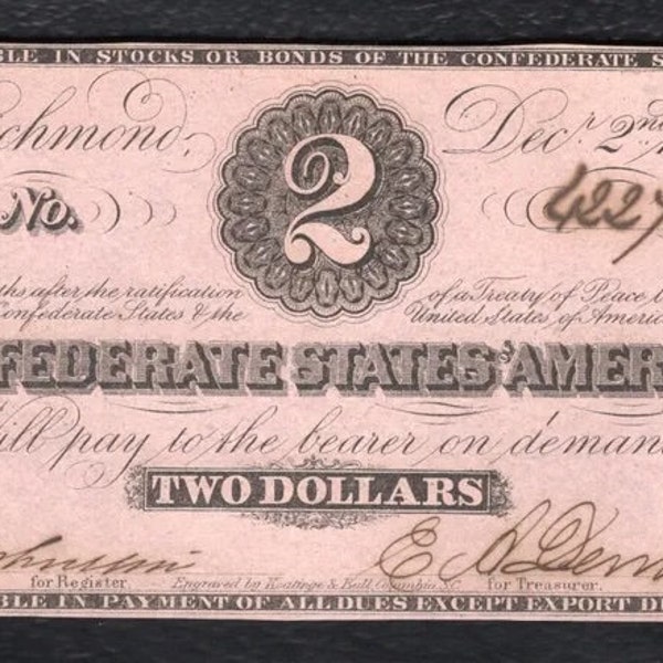 Civil War CSA Confederate States of America 2 Dollar Note Money Currency