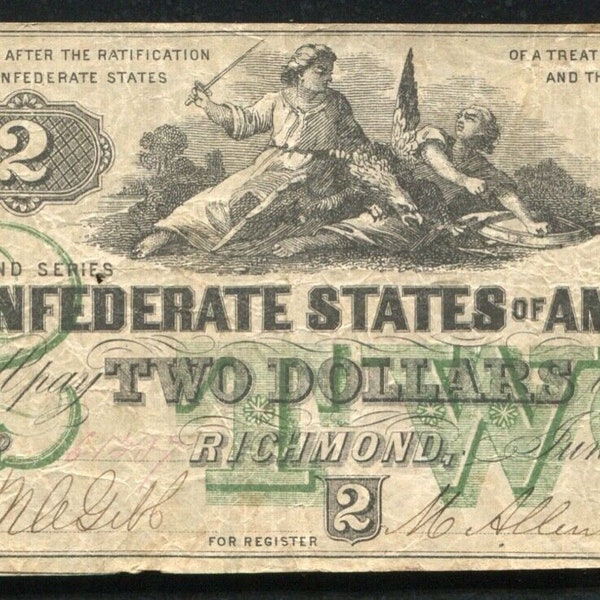 Civil War CSA Confederate 2 Dollar Note Money Currency