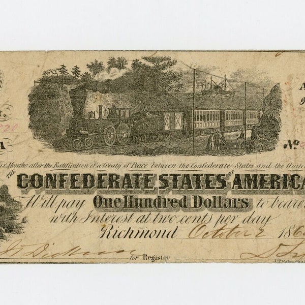 Civil War CSA Confederate States 100 Dollar Note Currency Money