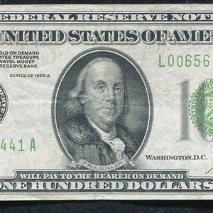 1928 U.S. 100 Dollar Federal Reserve Note Money Vintage Currency w/ Benjamin Franklin