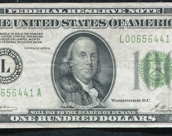 1928 U.S. 100 Dollar Federal Reserve Note Money Vintage Currency w/ Benjamin Franklin