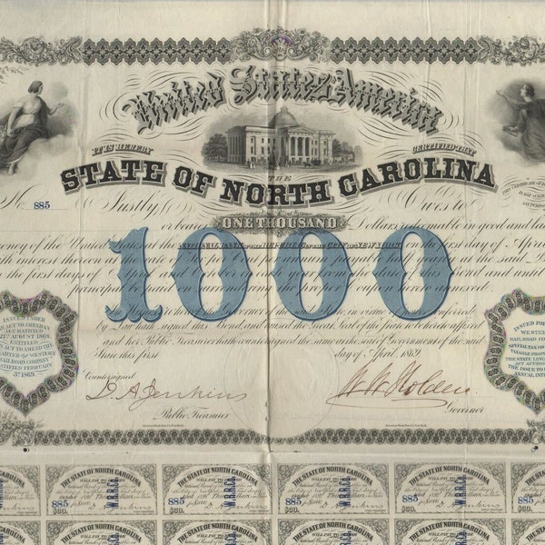 US Reconstruction Era 1869 North Carolina 1000 Bond Antique Currency Money