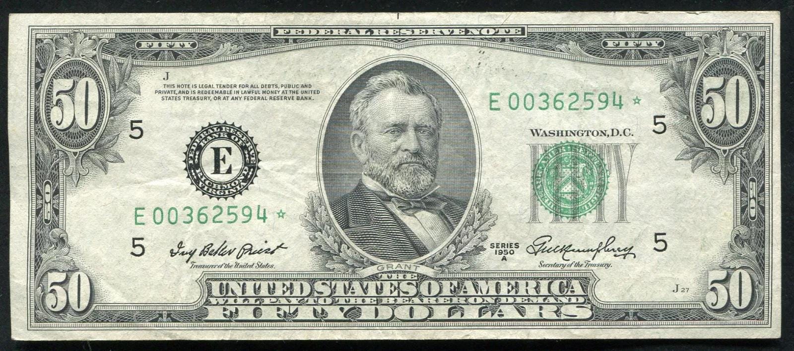 1950 US 50 Dollar Federal Reserve Note Money Currency With US