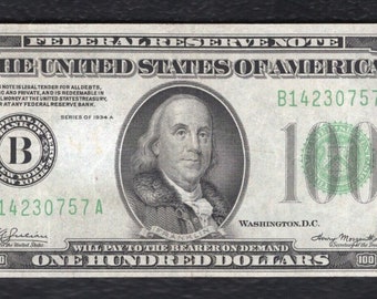 1934 US 100 Dollar Federal Reserve Note Vintage Currency Money w/ Benjamin Franklin