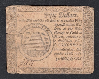 US Revolutionary War Era 1778 50 Dollar Continental Currency Note