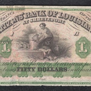 1860s 50 Dollar Louisiana Bank Note Antique Currency Money