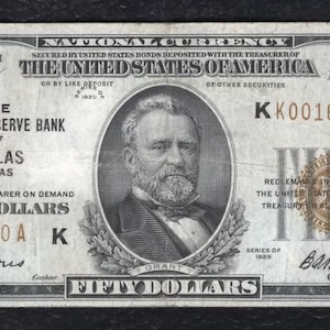 1929 US 50 Dollar Notenbank Notenpapier mit Ulysses S Grant