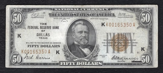 1929 US 50 Dollar Federal Reserve Bank Note Money With Ulysses S