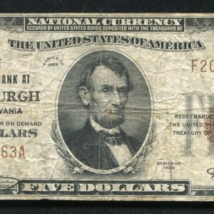 US 1929 5 Dollar National Bank Note with Abraham Lincoln