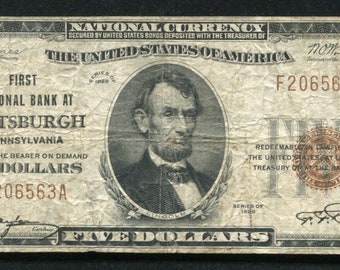 US 1929 5 Dollar National Bank Note with Abraham Lincoln