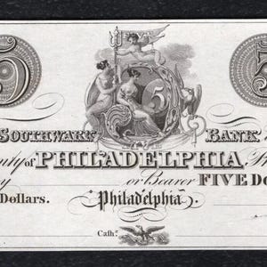 1800s Five Dollar Philadelphia Pennsylvania Bank Note Money Currency