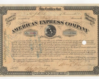 Antiek 1873 American Express Company Stock Certificate ondertekend door William Fargo (Wells Fargo)