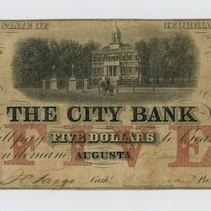 1850s 5 Dollar Georgia Bank Note Money Antique Currency image 1